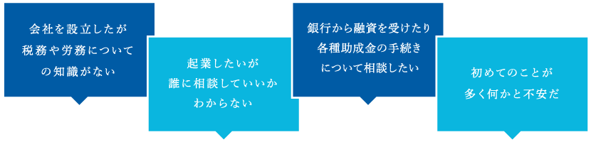 会社を設立したが税務や労務についての知識がない。起業したいが誰に相談していいかわからない。銀行から融資を受けたり各種助成金の手続きについて相談したい。初めてのことが多く何かと不安だ。